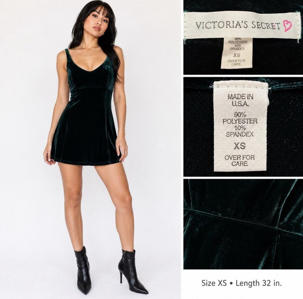 90s Y2K 2000s Victoria's Secret Velvet Mini Dress XS Emerald Green Indie Sleaze
